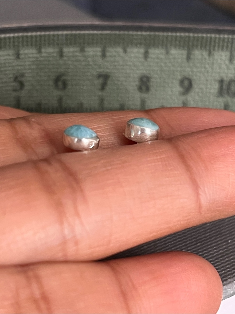 Hand Crafted Larimar Stones Round Stud Earrings - Picture 7 of 7